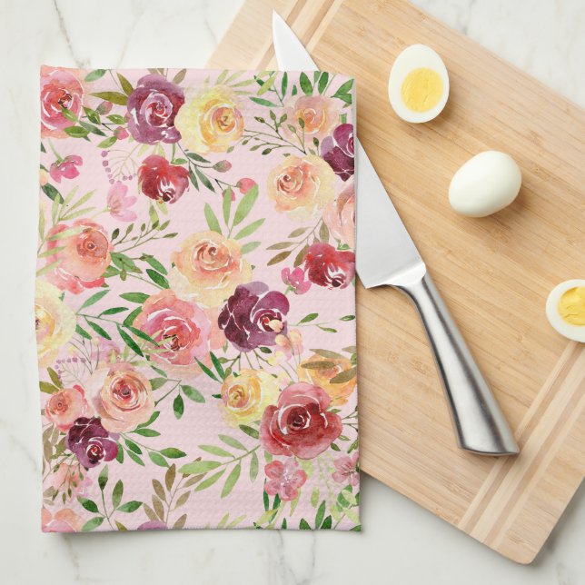 Elegant Pink Floral Watercolor Peony Flower Kitchen Towel (Quarter Fold)