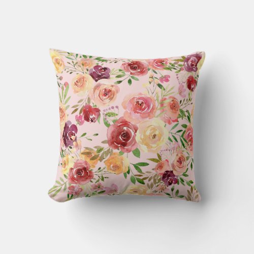 Elegant Pink Floral Watercolor Peony Flower Throw Pillow