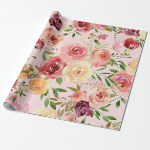 Elegant Pink Floral Watercolor Peony Flower Wrapping Paper