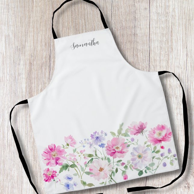 Elegant Pink Floral Watercolor Personalized  Apron (Creator Uploaded)