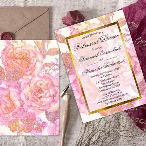 Elegant Pink Floral Watercolor Rehearsal Dinner Invitation