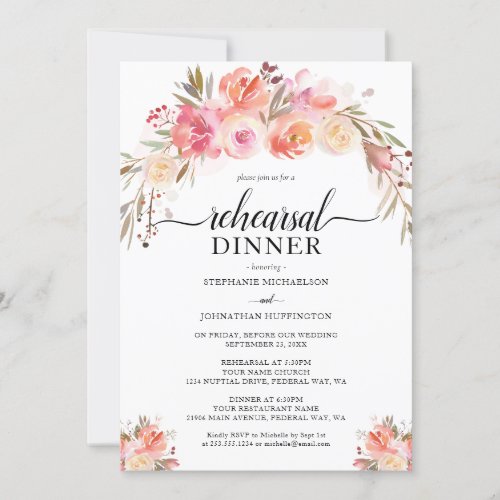 Elegant Pink Floral Watercolor Rehearsal Dinner Invitation