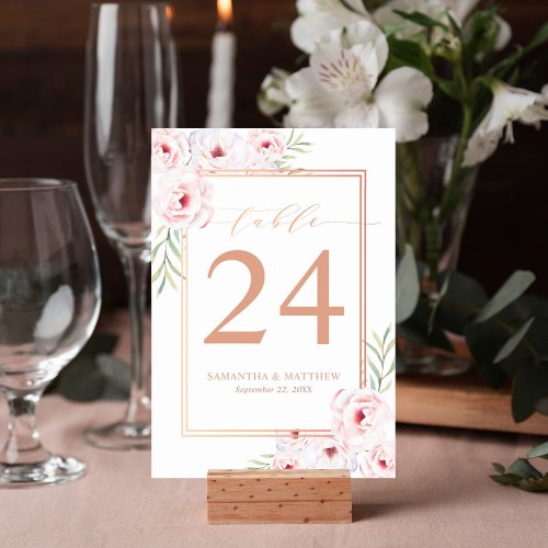 Elegant Pink Floral Watercolor Rose Gold Wedding Table Number