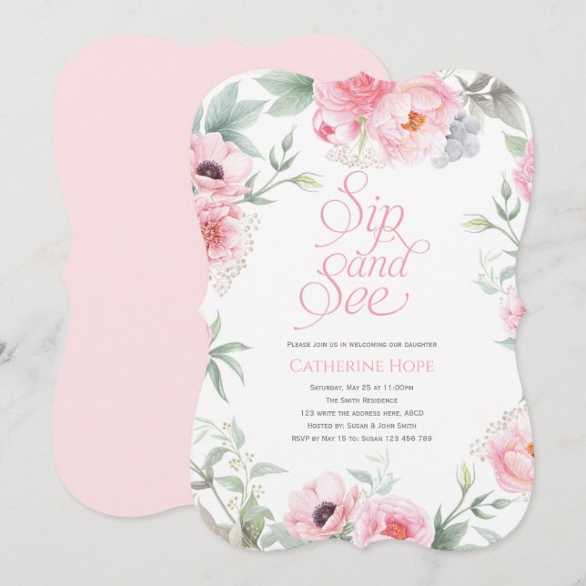 Elegant, Pink, Floral Watercolor, Sip and See Invitation (Front/Back)