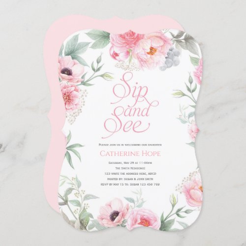 Elegant Pink Floral Watercolor Sip and See Invitation