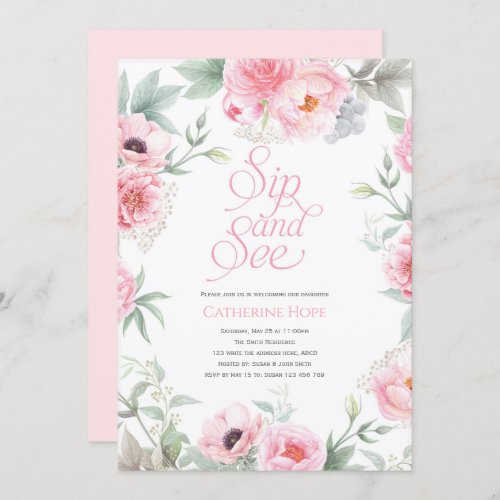 Elegant Pink Floral Watercolor Sip and See Invitation