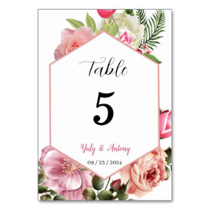 Elegant Pink Floral Watercolor  Table Number