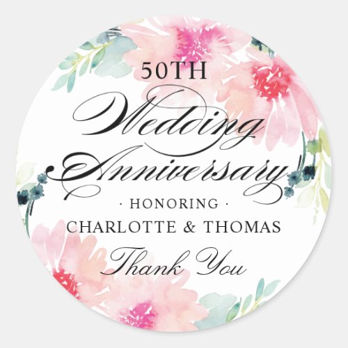 Elegant Pink Floral Watercolor Wedding Anniversary Classic Round Sticker