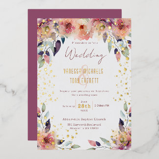 Elegant Pink Floral Watercolor Wedding Foil Invitation