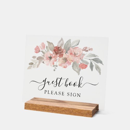Elegant Pink Floral Watercolor Wedding Guest Book Acrylic Sign