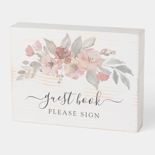 Elegant Pink Floral Watercolor Wedding Guest Book Wooden Box Sign