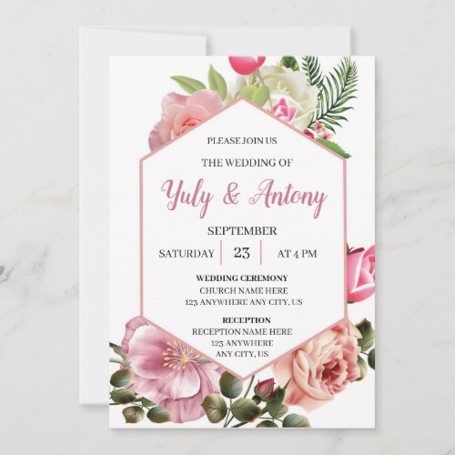 Elegant Pink Floral Watercolor Wedding Invitation 