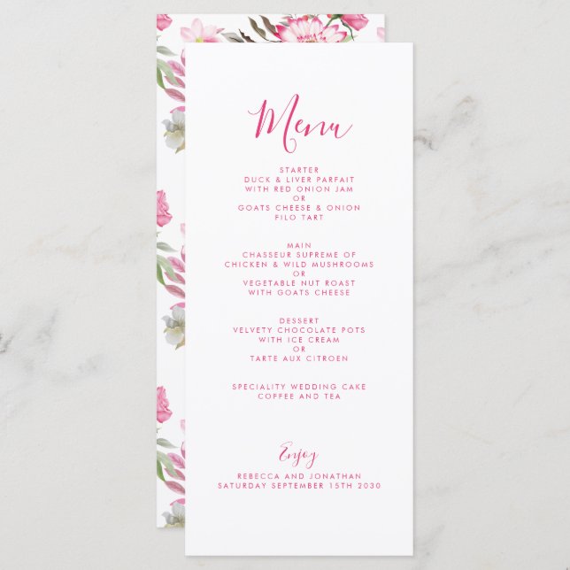 Elegant Pink Floral Watercolor Wedding Menu Card (Front/Back)