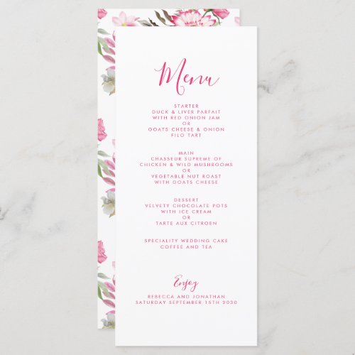 Elegant Pink Floral Watercolor Wedding Menu Card