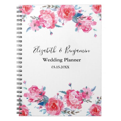 Elegant Pink Floral Watercolor Wedding Planner Notebook