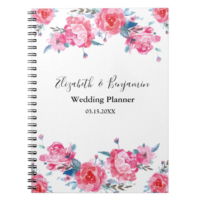 Elegant Pink Floral Watercolor Wedding Planner Notebook (Front)
