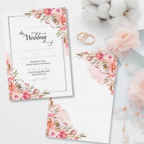 Elegant Pink Floral Watercolor Wedding Silver Foil Foil Invitation