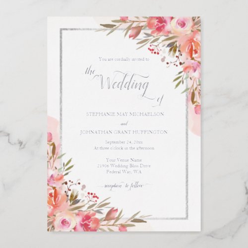 Elegant Pink Floral Watercolor Wedding Silver Foil Invitation