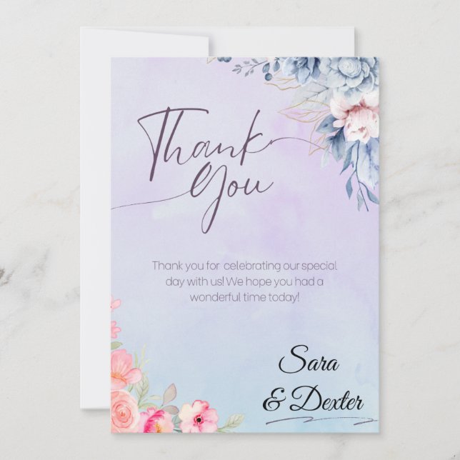Elegant Pink Floral Watercolor Wedding  Thank You Card (Front)