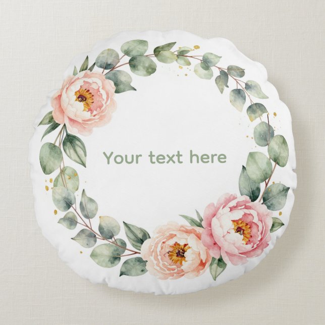 Elegant Pink Floral Watercolor Wreath Personalized Round Pillow (Front)