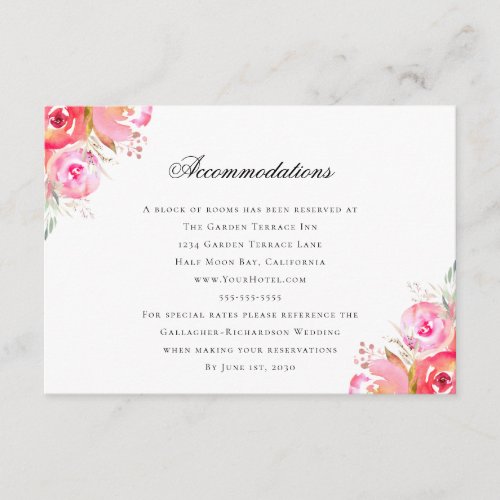 Elegant Pink Floral Wedding Accommodations Enclosure Card