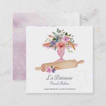 Elegant Pink Floral Wedding Cake Makers Bakery Square Business Card