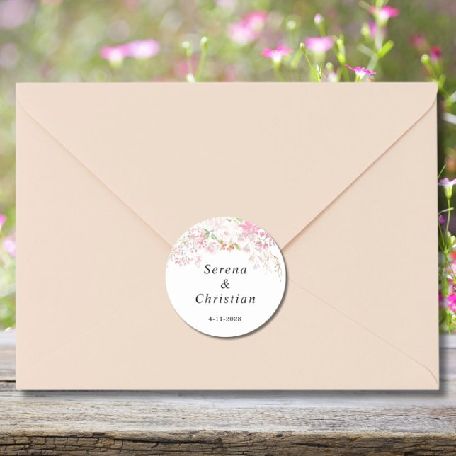 Elegant Pink Floral Wedding Classic Round Sticker (Creator Uploaded)