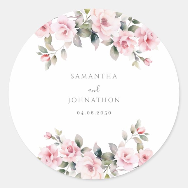 Elegant Pink Floral Wedding  Classic Round Sticker (Front)