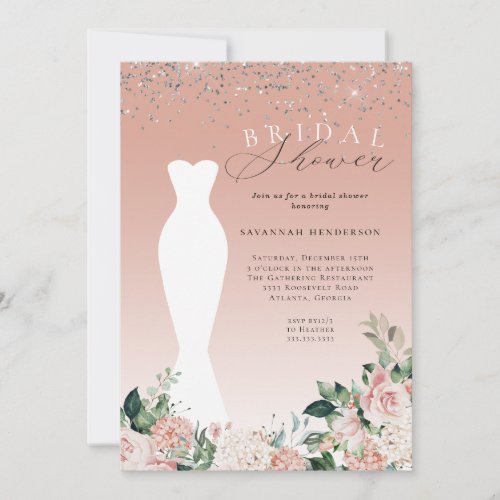 Elegant Pink Floral Wedding Dress Bridal Shower Invitation