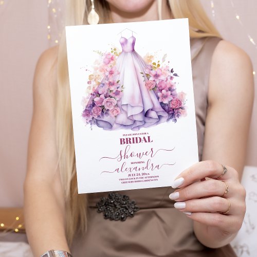 Elegant Pink Floral Wedding Dress Bridal Shower Invitation