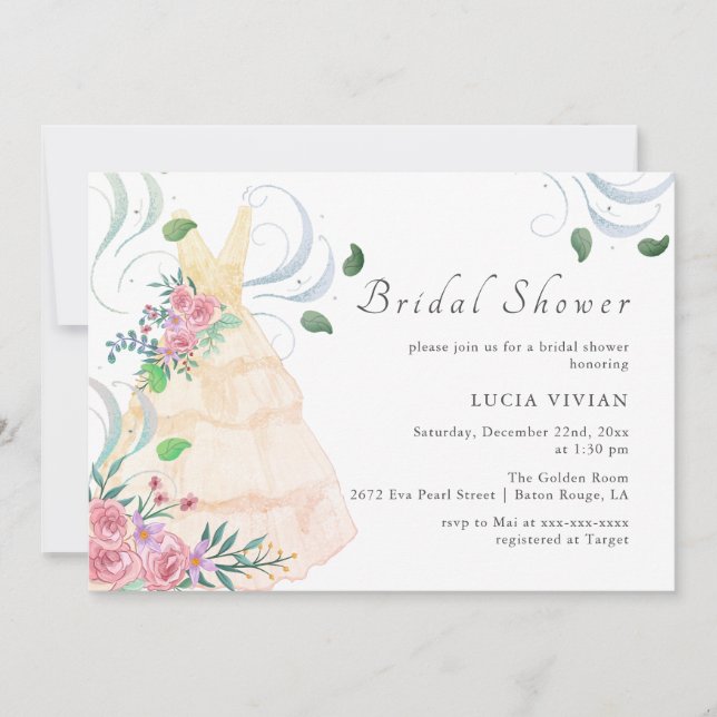 Elegant Pink Floral Wedding Dress Bridal Shower Invitation (Front)