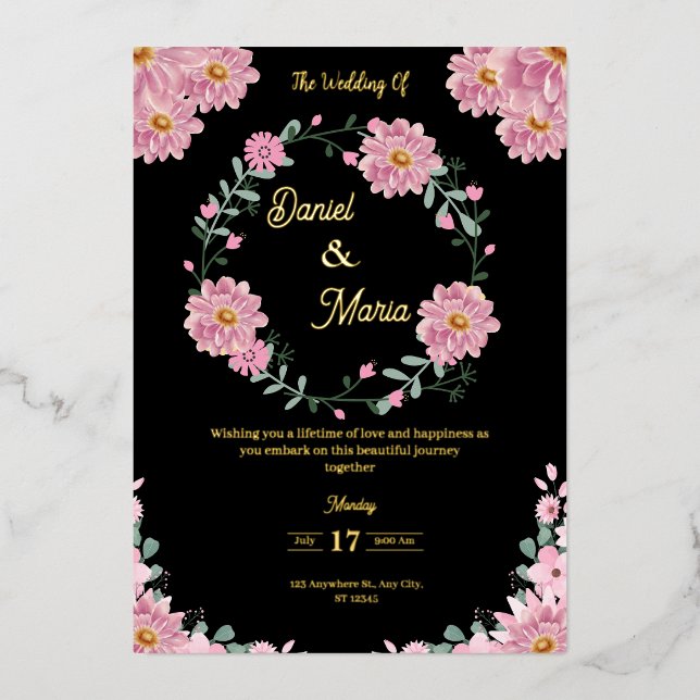 Elegant Pink Floral Wedding  Foil Invitation (Front)