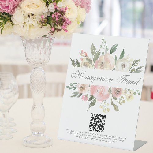 Elegant Pink Floral Wedding Honeymoon Fund QR Code Pedestal Sign