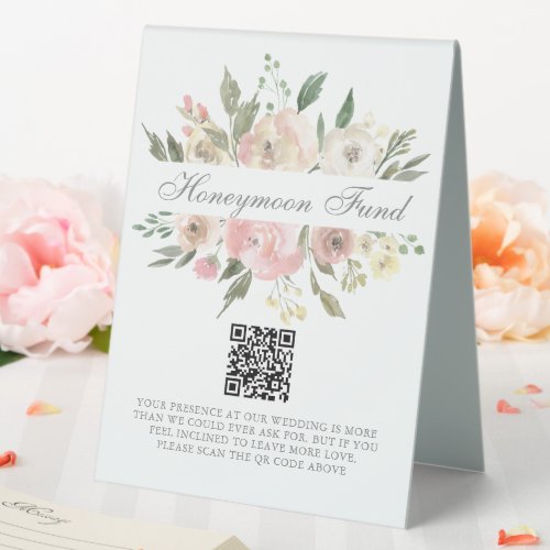 Elegant Pink Floral Wedding Honeymoon Fund QR Code Table Tent