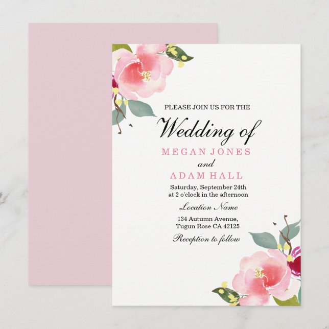 Elegant Pink Floral Wedding Invitation (Front/Back)