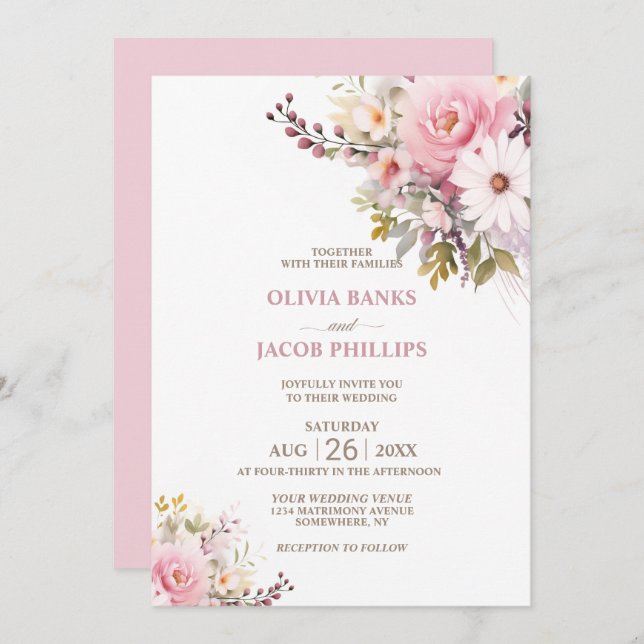 Elegant Pink Floral Wedding Invitation (Front/Back)