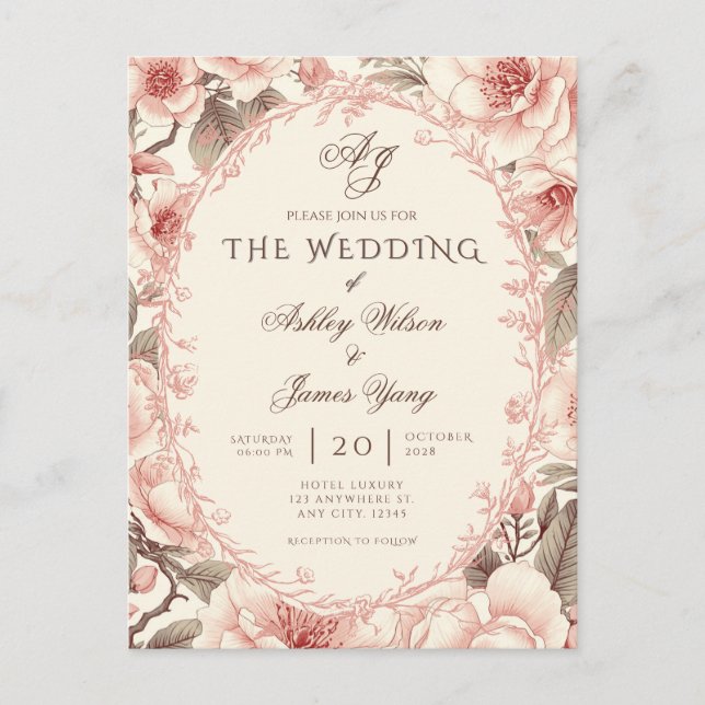 Elegant Pink Floral Wedding Invitation Postcard (Front)