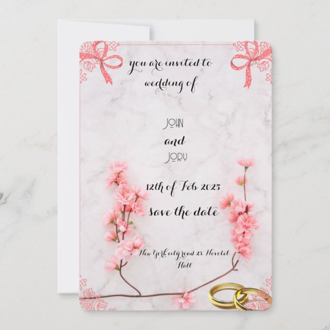 Elegant Pink Floral Wedding Invitation with Marble (Front)