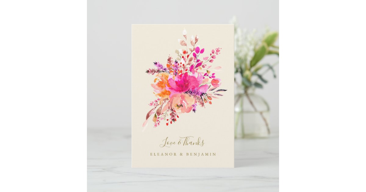 Elegant Pink Floral Wedding Photo Custom Message Thank You Card | Zazzle