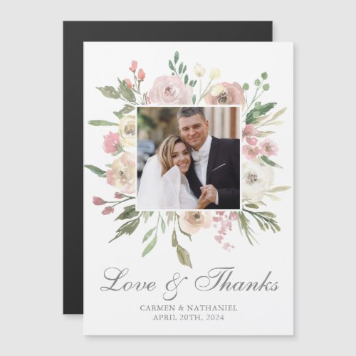 Elegant Pink Floral Wedding Photo Thank You Magnet