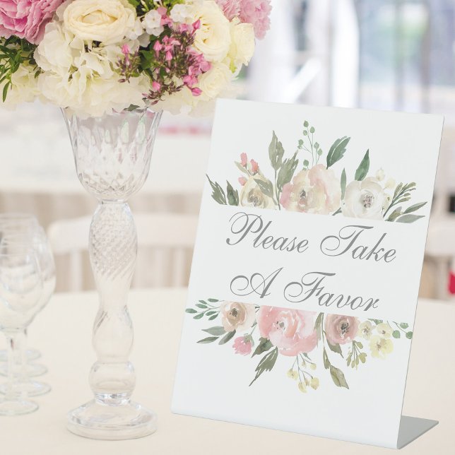 Elegant Pink Floral Wedding Please Take a Favor Pedestal Sign (Creator Uploaded)