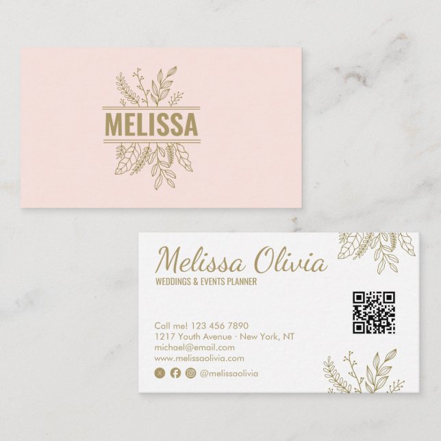 Elegant pink floral Wedding QR Code  business card (Front/Back)