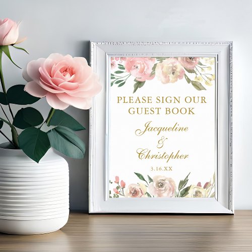 Elegant Pink Floral Wedding Sign Our Guest Book