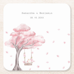 Elegant Pink Floral Wedding Square Paper Coaster