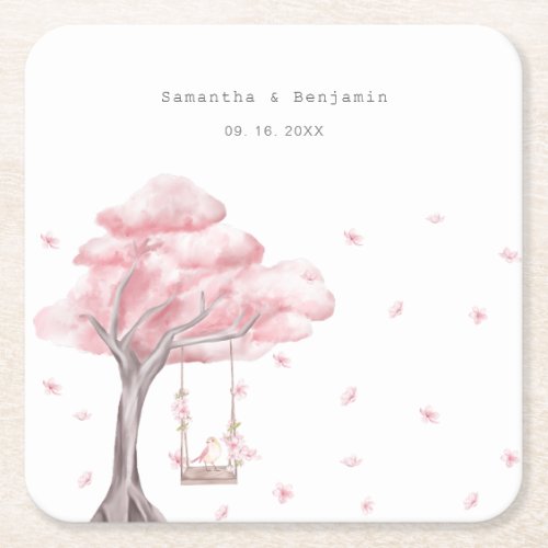 Elegant Pink Floral Wedding Square Paper Coaster