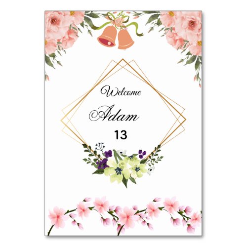 Elegant Pink Floral Wedding Table Number Card