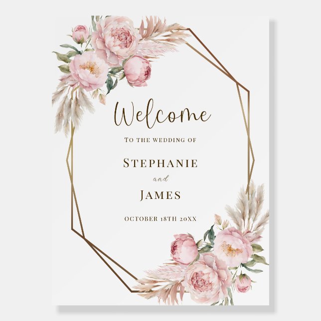 Elegant Pink Floral Wedding Welcome Sign (Front)
