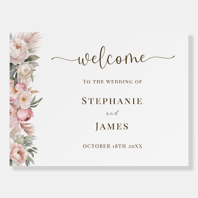 Elegant Pink Floral Wedding Welcome Sign (Front)