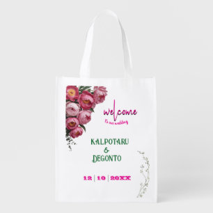 Elegant Pink Floral Wedding Welcome Sign  Grocery Bag