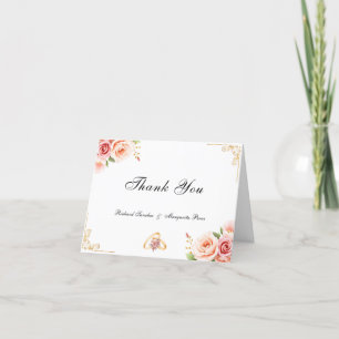 Elegant Pink Floral Wedding with Gold Border Thank You Card